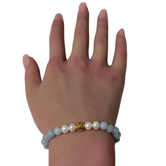 18K Gold Money Coin Ball Gemstones Birthstones Pearl Aquamarine 5-6mm - Picture 7 of 7